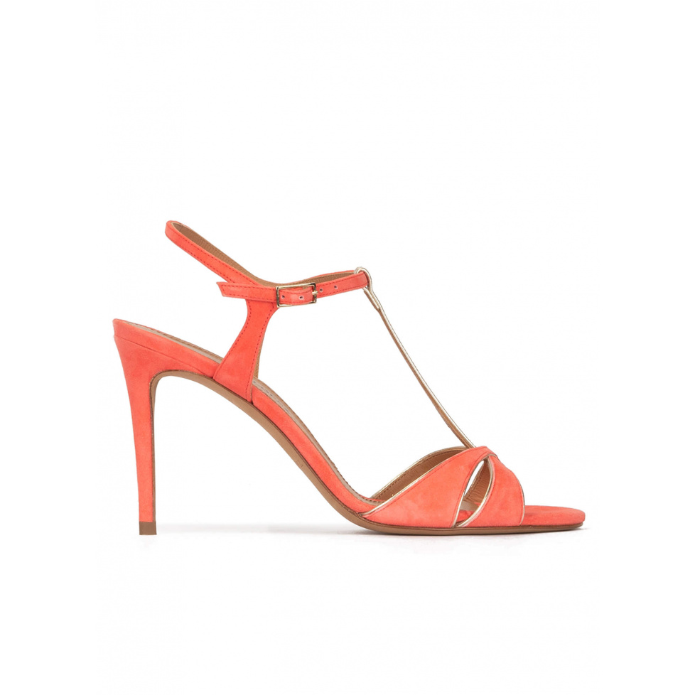 T-bar high heel sandals in coral suede