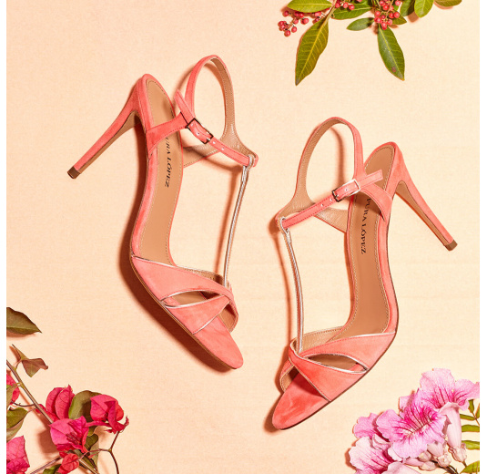 Sandales à talons hauts en daim rose corail Pura López