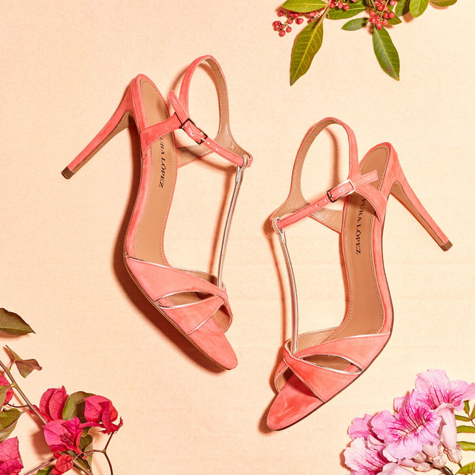 T-bar high heel sandals in coral suede