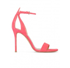 Ankle-strap high stiletto heel sandals in coral pink suede Pura López