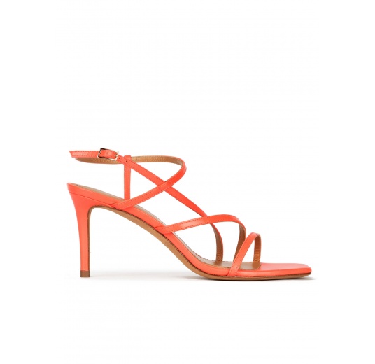 Squared-off toe mid heel sandals in coral pink leather Pura López