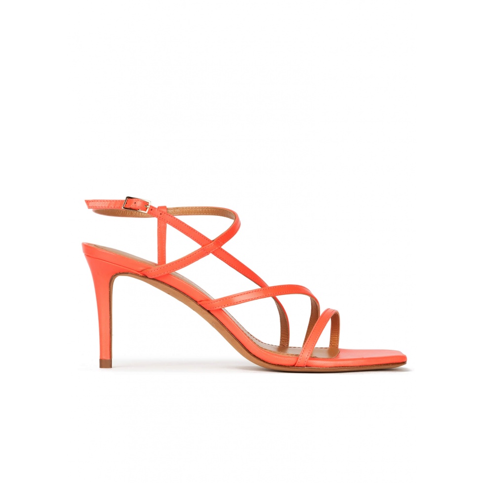 Squared-off toe mid heel sandals in coral pink leather