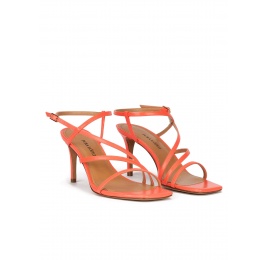 Squared-off toe mid heel sandals in coral pink leather Pura López