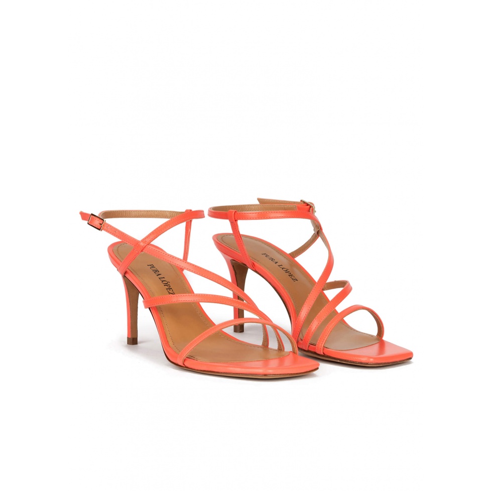 Squared-off toe mid heel sandals in coral pink leather