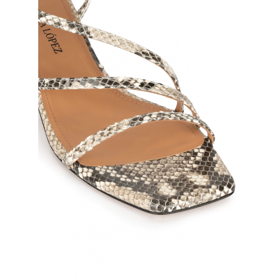 Snake-effect leather mid heel sandals