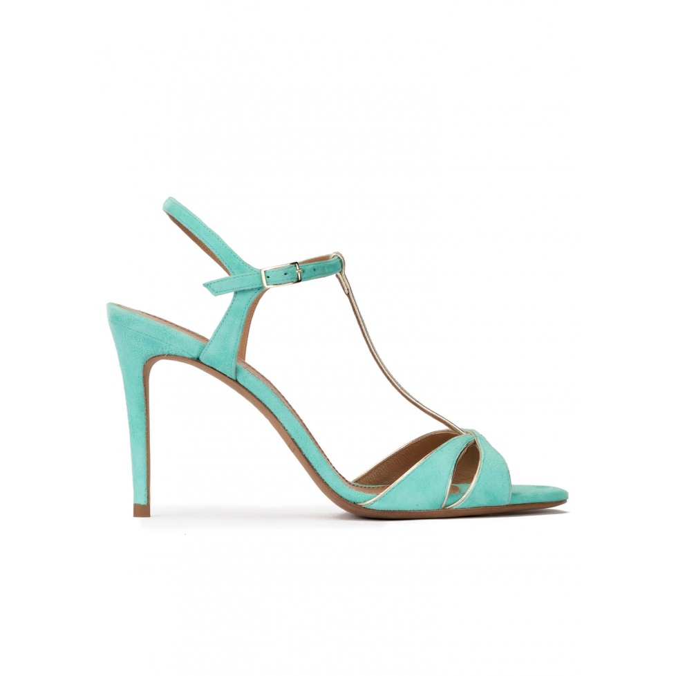 High-heeled sandals in aquamarine suede . PURA LOPEZ