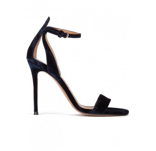 Ankle strap high heel sandals in night blue velvet Pura López