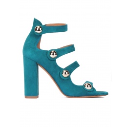 High block heel sandals in petrol blue suede with buttons Pura López