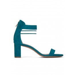 Mid block heel sandals in petrol blue suede Pura López