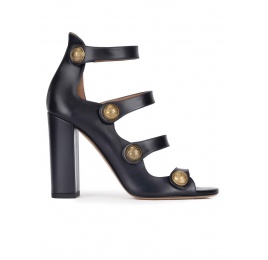 High block heel sandals in navy blue leather with buttons Pura López