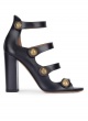 High block heel sandals in navy blue leather with buttons