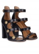 High block heel sandals in navy blue leather with buttons