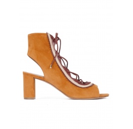 Camel lace-up mid block heel sandals in suede Pura López