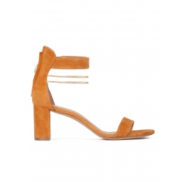 Mid block heel sandals in camel suede with ankle strap Pura López
