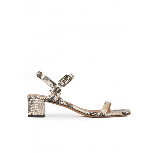 Mid block heel sandals in snake-effect leather with ankle strap Pura López
