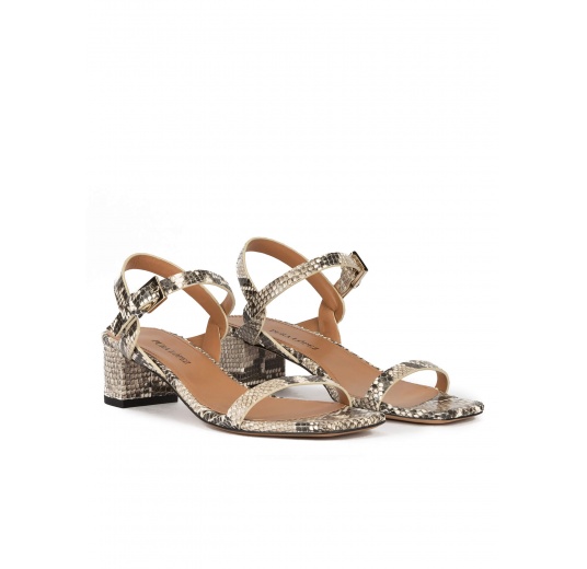 Mid block heel sandals in snake-effect leather with ankle strap Pura López