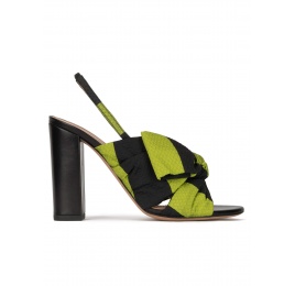 Bow detailed high block heel sandals in green and black fabric Pura López