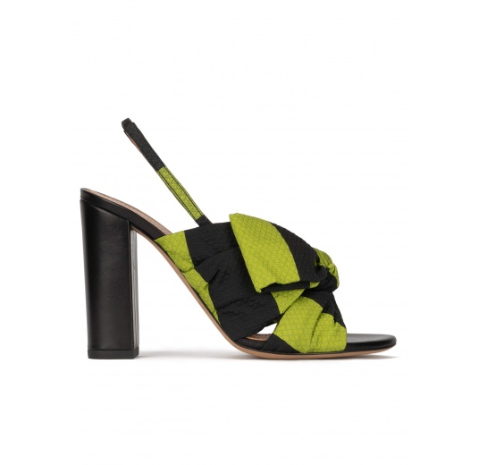 Bow detailed high block heel sandals in green and black fabric Pura López