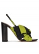 Bow detailed high block heel sandals in green and black fabric