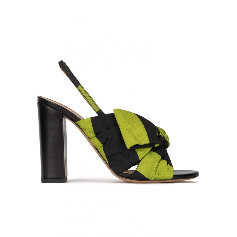 Bow detailed high block heel sandals in green and black fabric