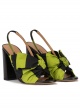 Bow detailed high block heel sandals in green and black
