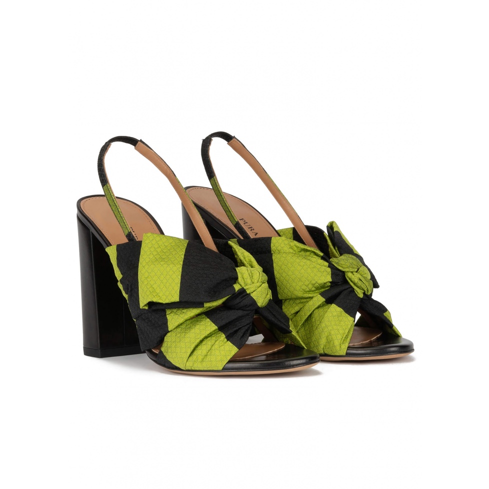 Bow detailed high block heel sandals in green and black