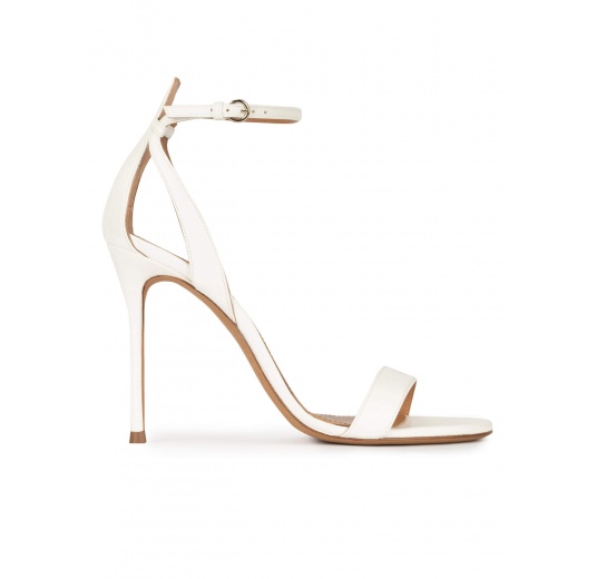 Ankle-strap high stiletto heel sandals in off-white leather Pura López