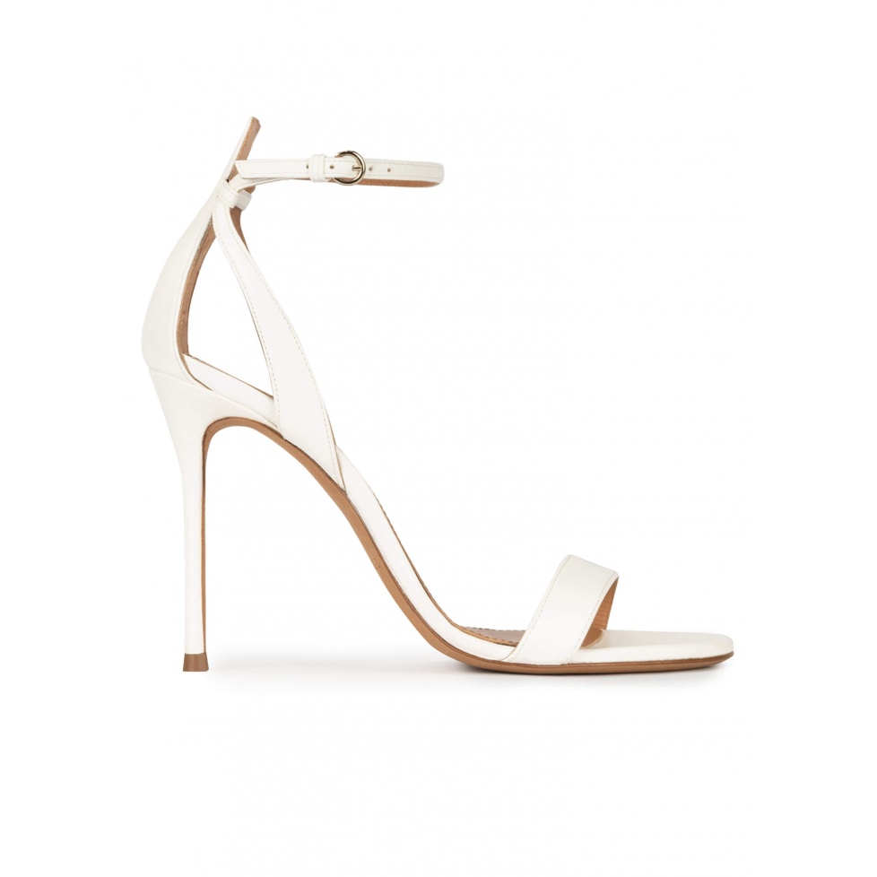 Ankle-strap high stiletto heel sandals in off-white leather