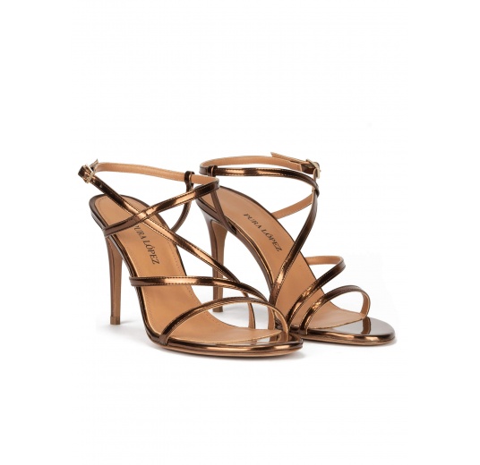 Minimalist design high heel sandals in bronze leather Pura López