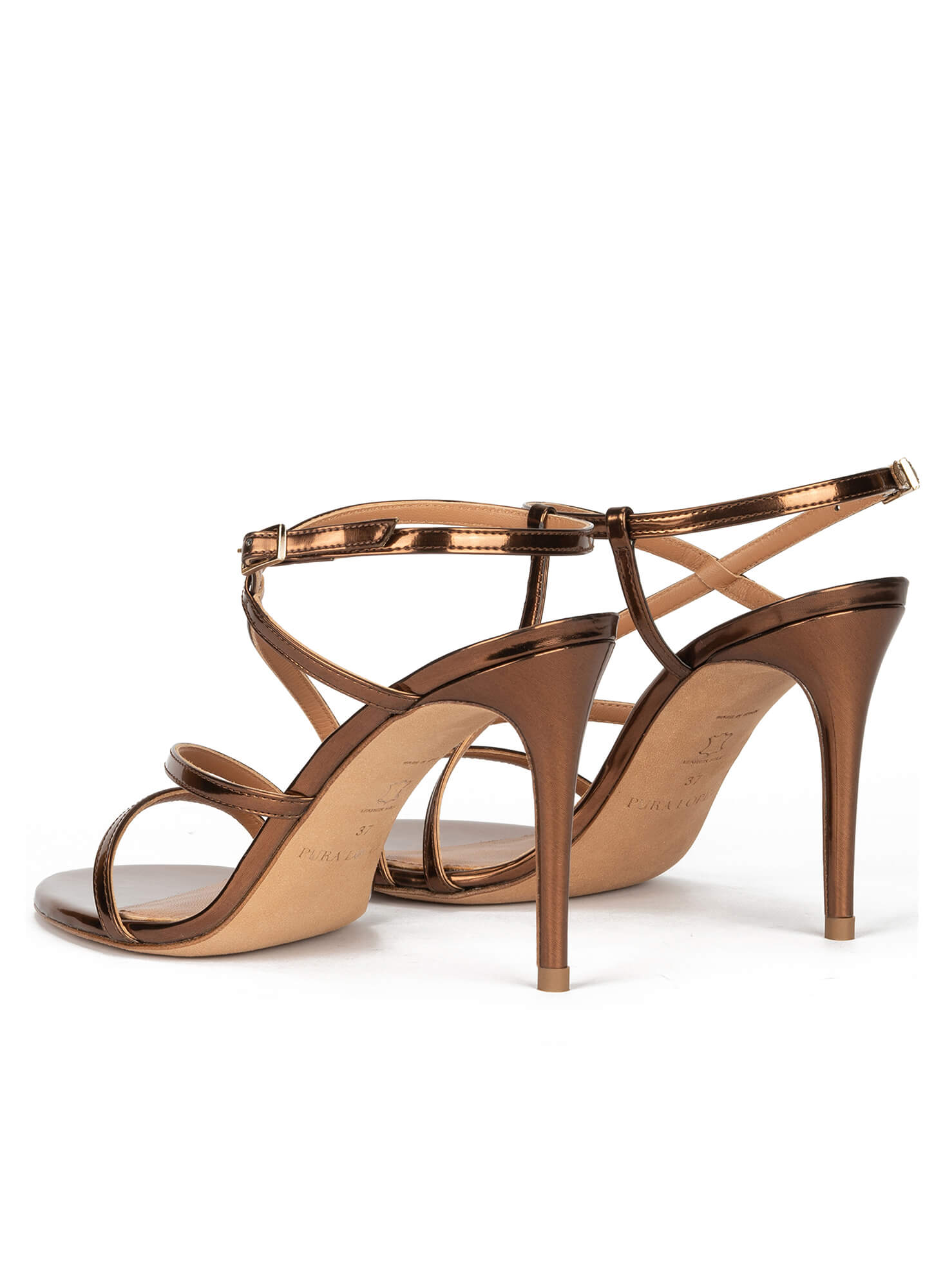 Minimalist design high heel sandals in bronze leather . PURA LOPEZ