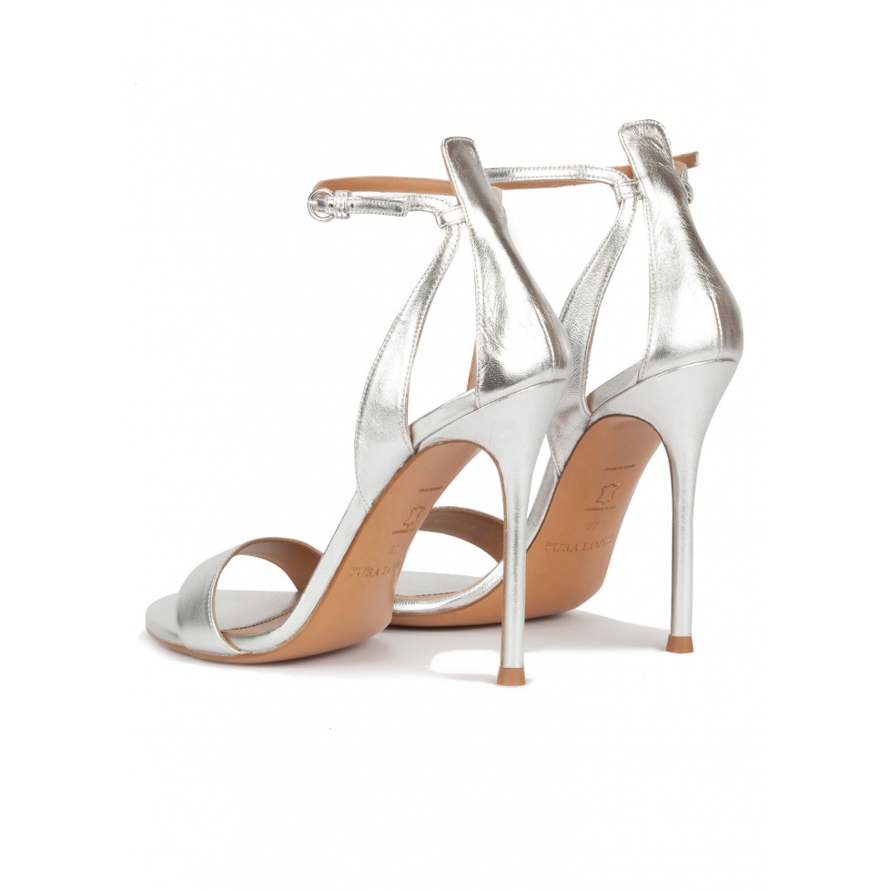 Ankle strap high heel sandals in silver metallic leather