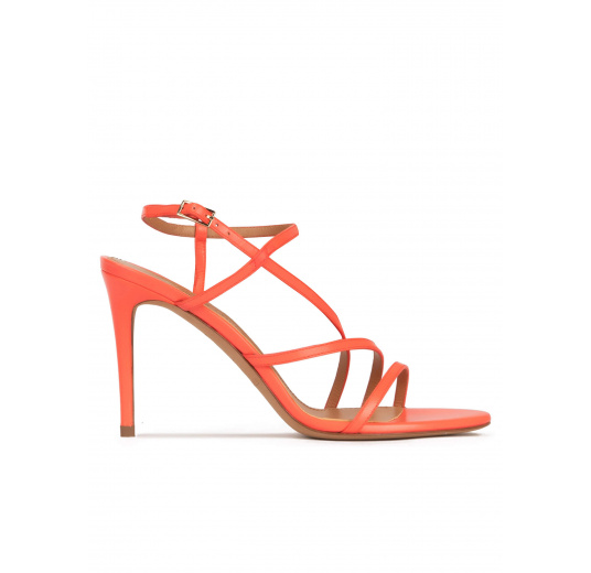 Strappy high stiletto heel sandals in coral pink leather Pura López