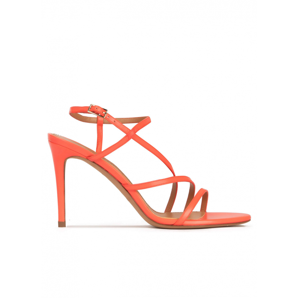 Strappy high stiletto heel sandals in coral pink leather