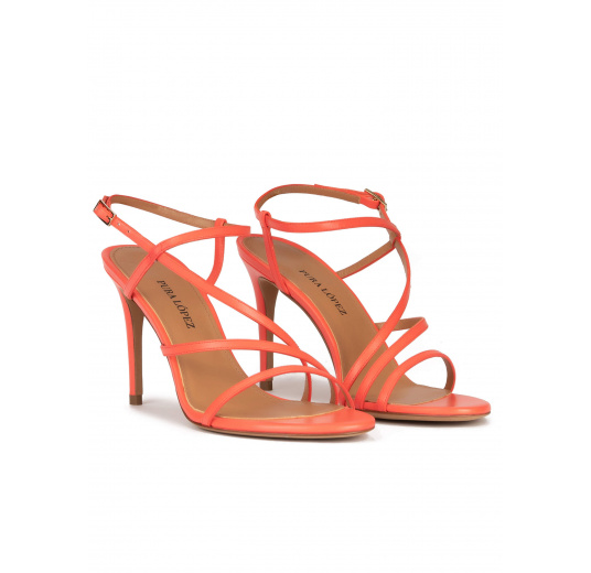 Strappy high stiletto heel sandals in coral pink leather Pura López