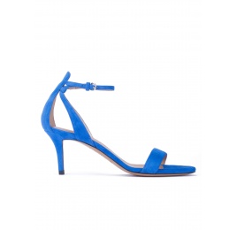 Ankle strap mid heel sandals in royal blue suede Pura López