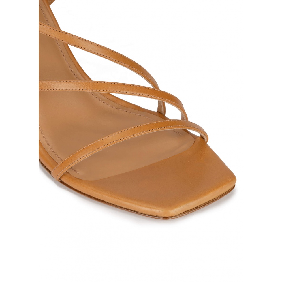 Strappy mid heel sandals in camel leather