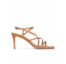 Strappy mid heel sandals in camel leather Pura López