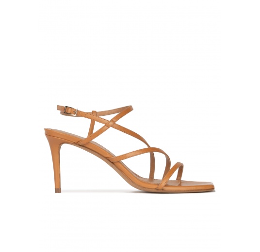 Strappy mid heel sandals in camel leather Pura López