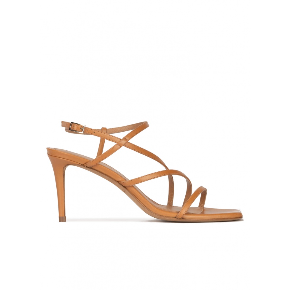 Strappy mid heel sandals in camel leather