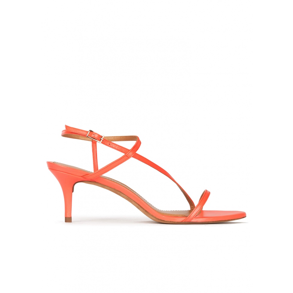 Mid heel sandals in coral leather