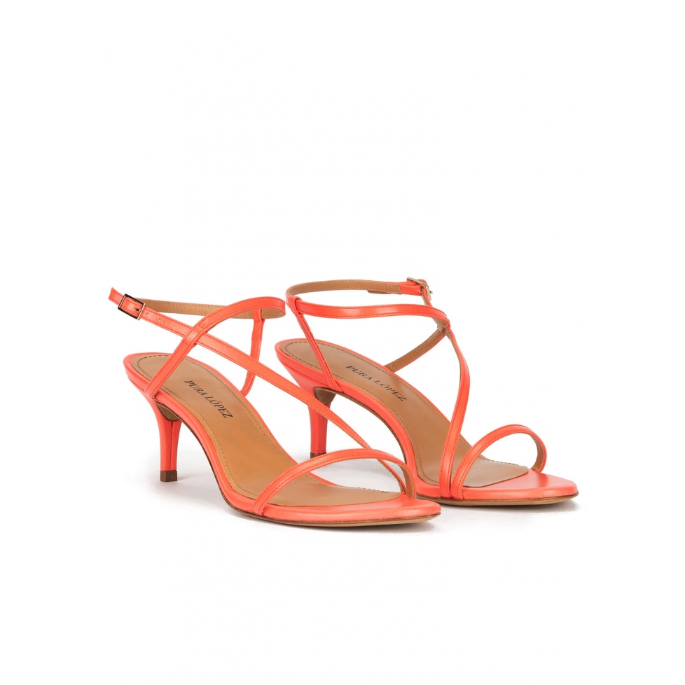 Mid heel sandals in coral leather