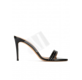 Stiletto heel mules in black leather and transparent vinyl Pura López