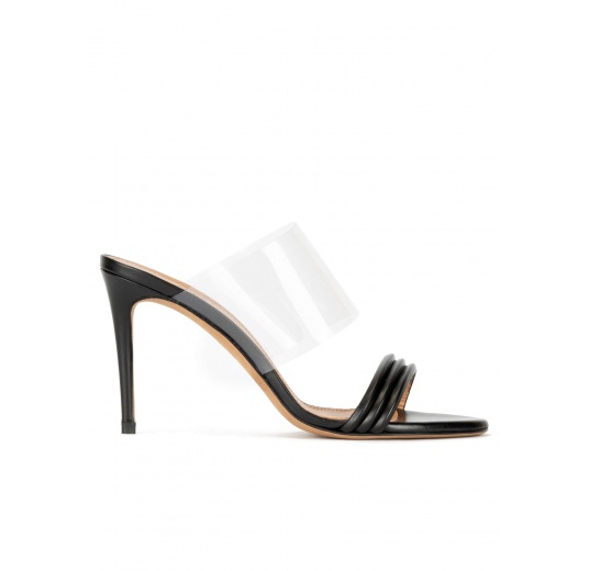 Stiletto heel mules in black leather and transparent vinyl Pura López