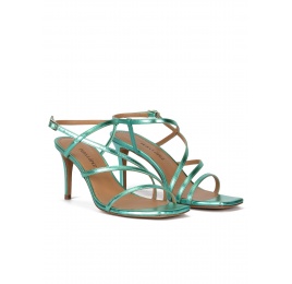Squared-off toe mid heel sandals in aquamarine metallic leather Pura López