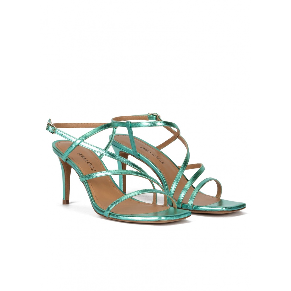 Squared-off toe mid heel sandals in aquamarine leather