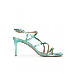 Squared-off toe mid heel sandals in aquamarine metallic leather Pura López