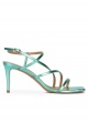 Squared-off toe mid heel sandals in aquamarine metallic leather