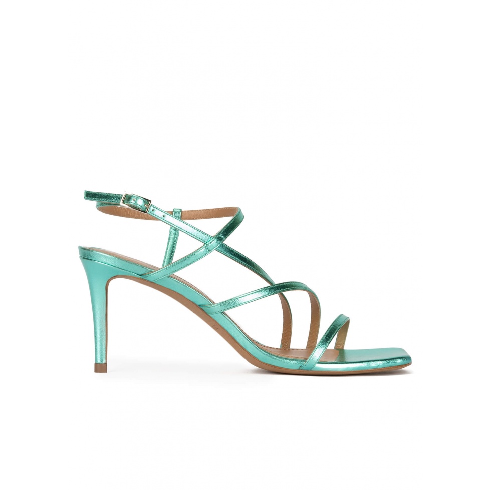 Squared-off toe mid heel sandals in aquamarine metallic leather