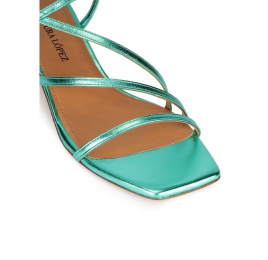 Strappy mid heel sandals in aquamarine metallic leather Pura López