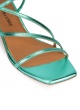 Strappy mid heel sandals in aquamarine metallic leather